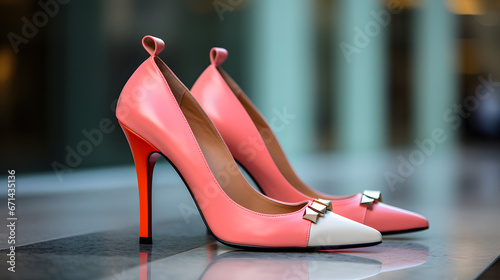 Coral Pink Stilettos with White Tips and Gold Bow Accents, Set Against a Blurred Urban Background. photo