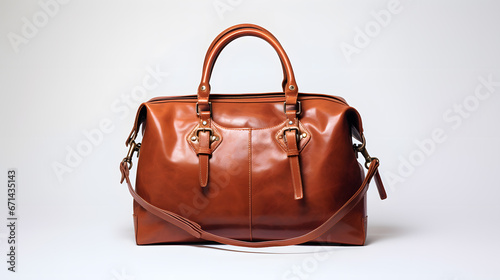 Burnt Sienna Leather Duffel Bag with Gold Accents and Detailing, displayed against a Neutral White Background.