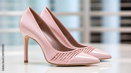 Blush Pink High Heels with a Mesh Design Detail, set against a Modern Glass Window Background.