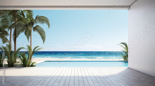 Sea view empty large living room of luxury summer beach house with swimming pool near wooden terrace. Big white wall background in vacation home or holiday villa. Hotel interior © Bouchra