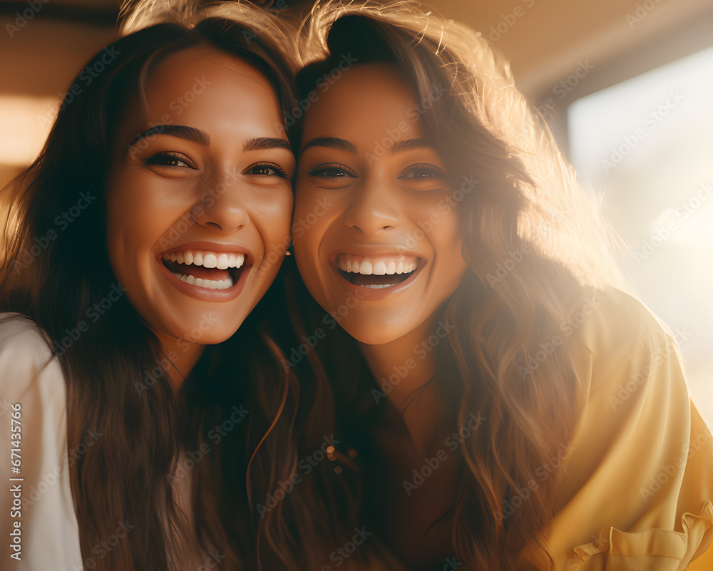 A young brunette attractive woman is totally crazy and making faces with her best friend A young brunette attractive woman is totally crazy and making faces with her best friend