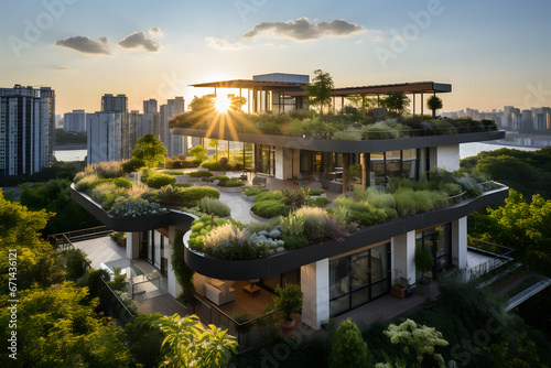 Eco-friendly buildings with green roofs and walls.