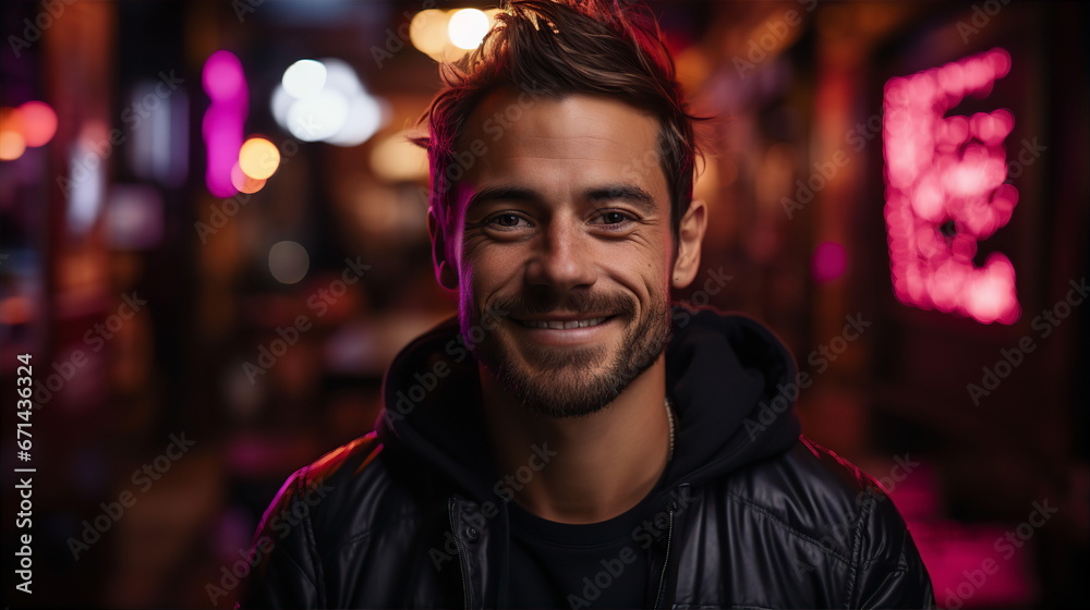 Portrait of handsome smiling man in cafe late at night. Entertainment and relaxation concept. AI generated