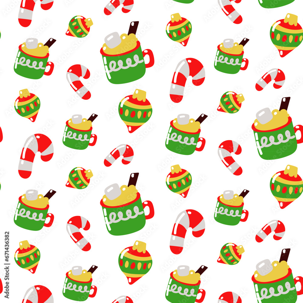 Christmas seamless pattern with cocoa mug, Christmas candies, Christmas tree toys. Vector flat texture. Cute and bright seamless pattern for winter holiday. Use as packaging, printing on textiles