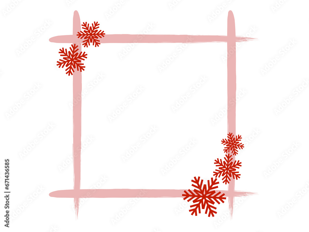 Obraz premium 筆描き正方形と雪の結晶のフレーム：赤
