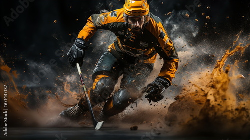 Hockey player with stick playing in arena with mud. Professional sport hockey concept. AI generated