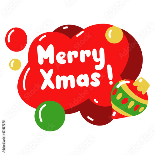 Vector conversational red ball with the inscription Merry Christmas with a Christmas tree toy isolated on a white background. New Year's greetings. Design of a Christmas greeting card, banner, poster