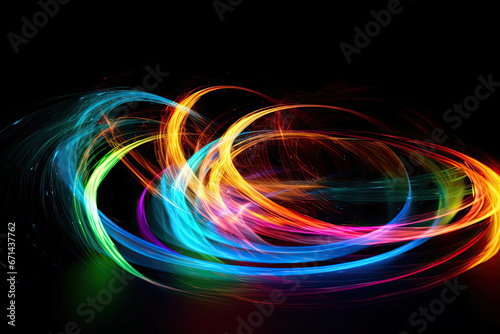 A colorful swirl of light is shown with a black background