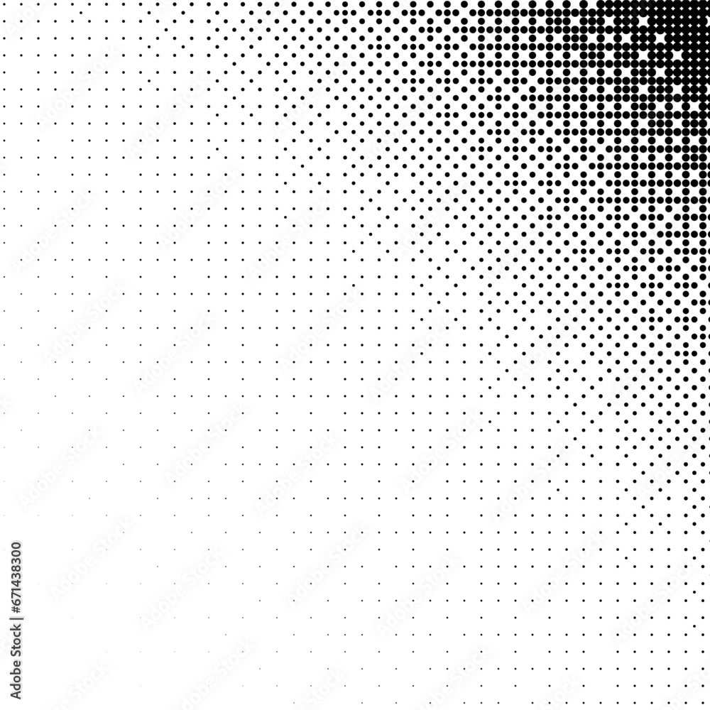 Obraz premium Monochrome vignette corner with a halftone raster gradient pattern of small black dots on a white background. Vector screentone retro illustration for comic and manga books