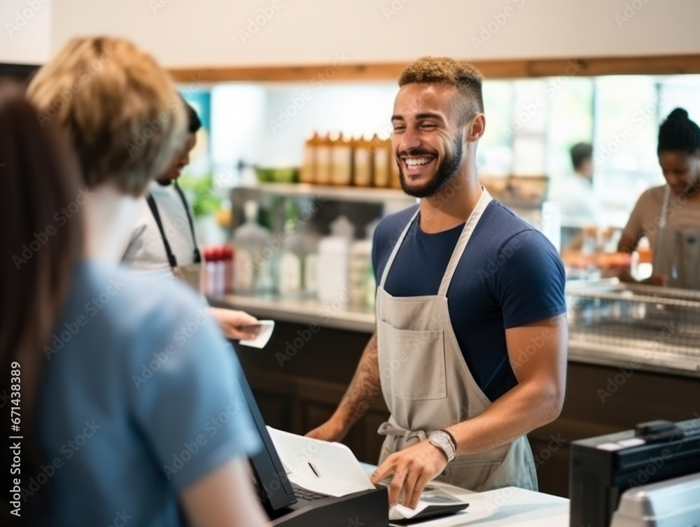 Obraz premium A happy supermarket cashier at work