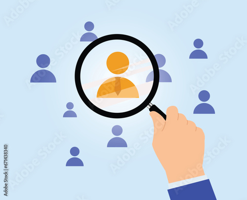 magnifying glass focus to manager icon which is among staff icon or employee development recruitment