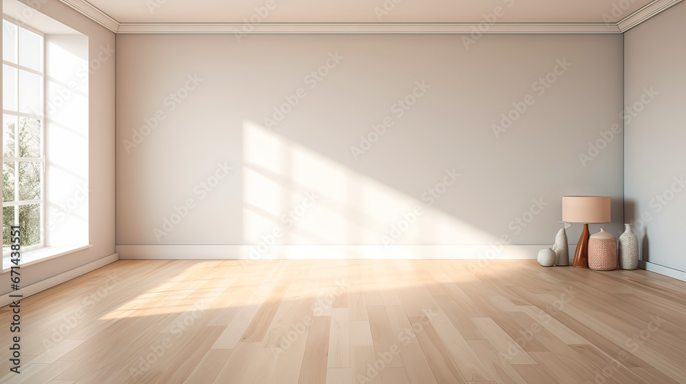 Obraz premium modern empty room with wooden floor and large white plain wall.