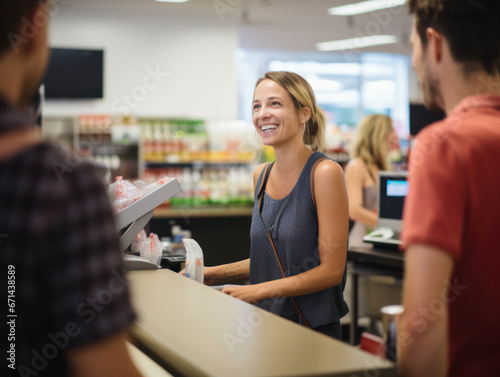 A happy supermarket cashier at work