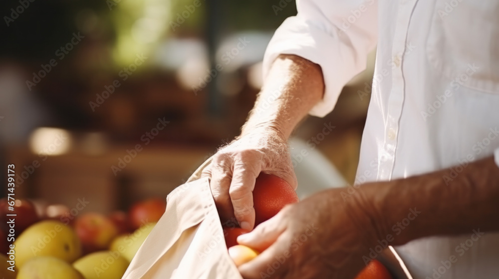 A person holds an eco shopping bag to buy fruit at a farmers market - obrazy, fototapety, plakaty 
