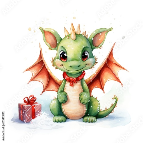 Fantasy watercolor christmas dragon with gift boxes. Symbol of the year 2024. Generative AI