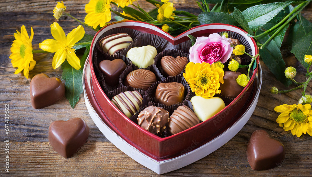 Heart-shaped chocolate and colorful flowers, Valentine's Day gift Heart-shaped chocolate and colorful flowers, Valentine's Day gift