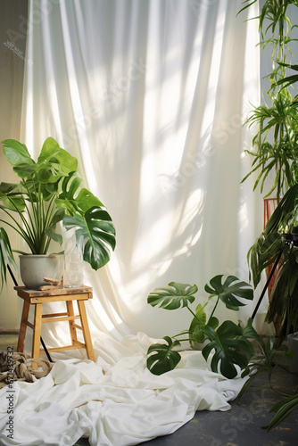 Indoor plants in pots on wooden chair near white curtain and window  © Юлия Дубина