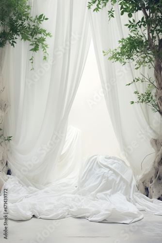 White curtains and plants on the white background, soft focus, vintage tone