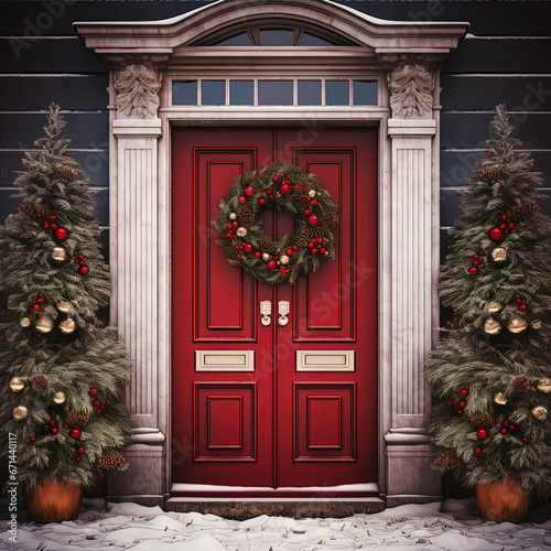 Red door with a Christmas wreath. Christmas decorations. Generative AI