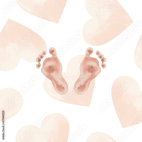 Prints of children's feet on a background of pink hearts. Vector illustration. Watercolor style. Cards, invitations, newborn baby shower, gender party