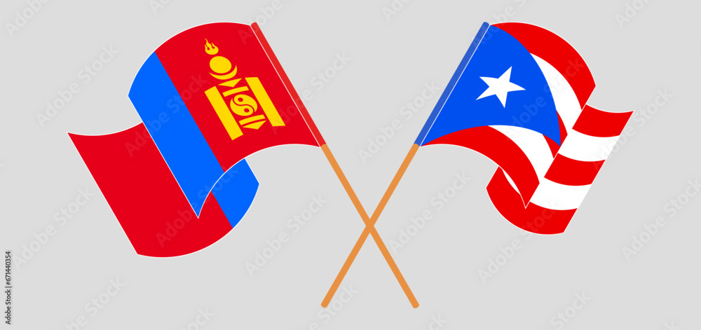 Crossed and waving flags of Mongolia and Puerto Rico