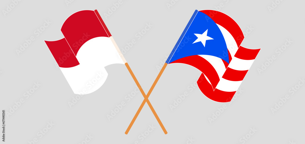 Crossed and waving flags of Monaco and Puerto Rico Crossed and waving flags of Monaco and Puerto Rico