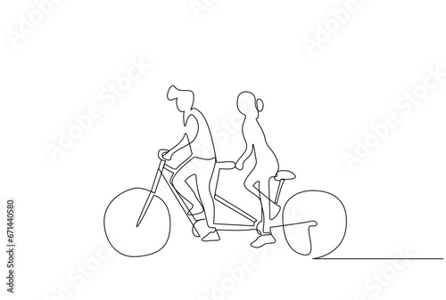 young couple man and woman riding the same bike park outdoor life line art design
