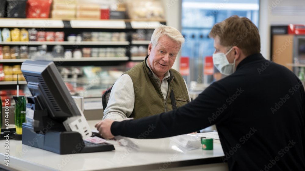 A happy supermarket cashier at work