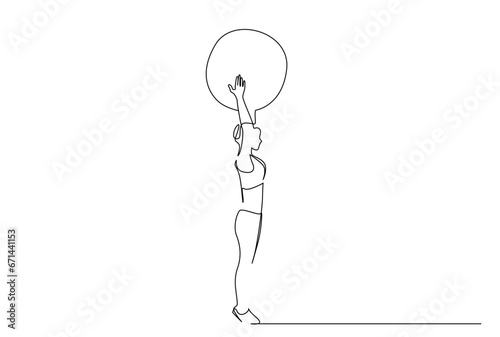 young athlete woman pilates ball balance sports health pose full body length line art design