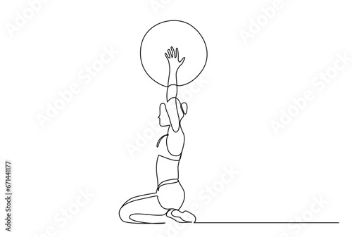 young athlete woman pilates ball balance sports health pose full body length line art design