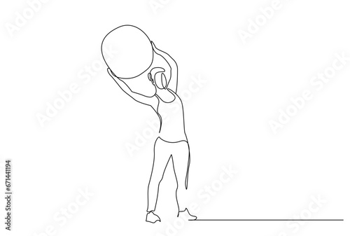 young athlete woman pilates ball balance sports health pose full body length line art design