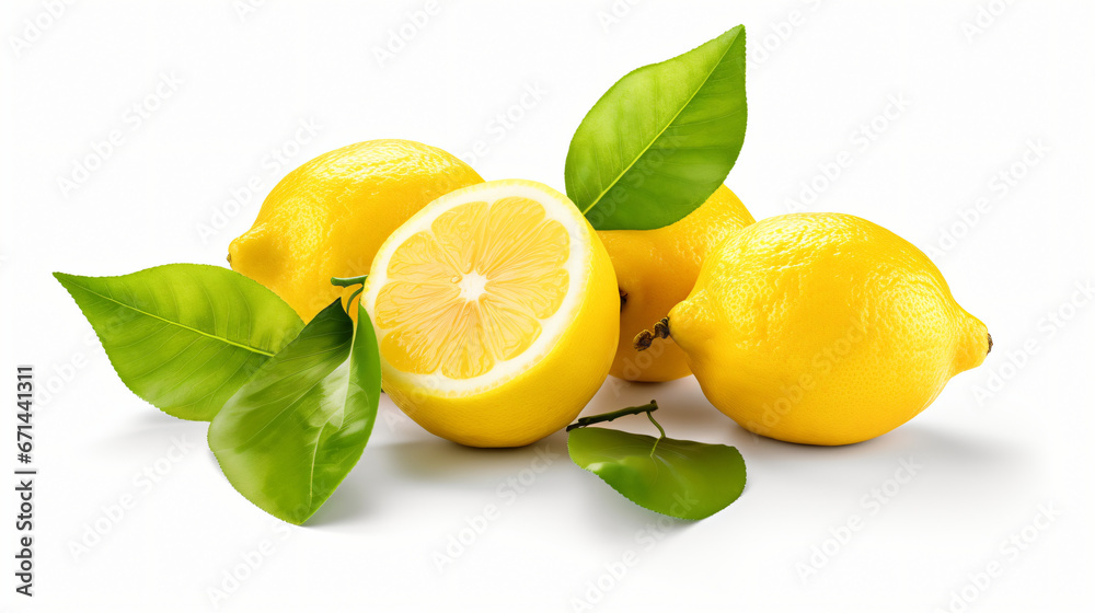 Group of delicious lemons with leaves isolated on white background