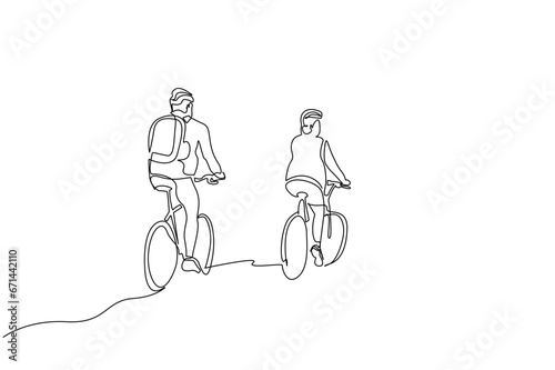 old couple together bicycle nature activity helmet backpack ride lifestyle line art design