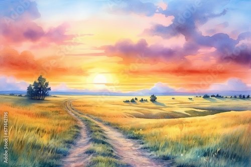 Morning Horizon watercolor artwork of the sun rising