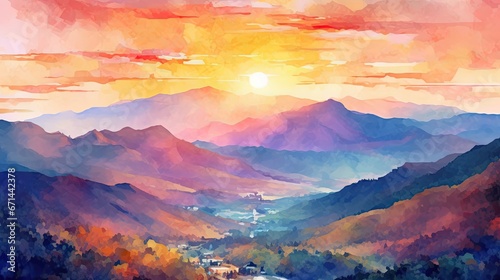 Fotografiet Mountain Mosaic A Colorful Watercolor Landscape in the Sun