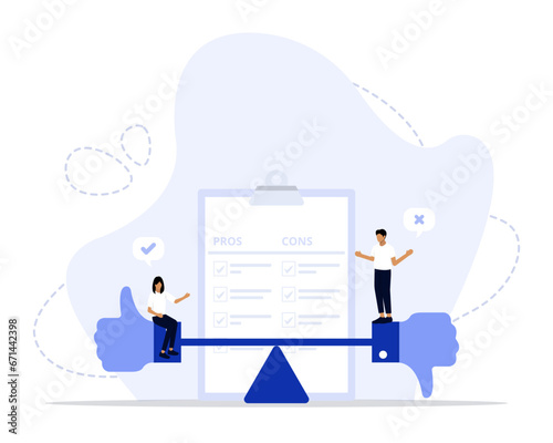 Pros and cons concept illustration. Suitable for landing page, ui, web, App intro card, editorial, flyer, 
and banner.