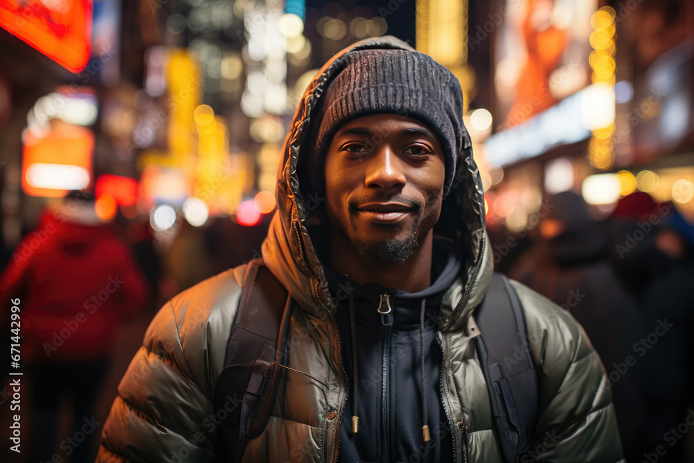 African American boy in urban clothes walking at night in the streets of a city. Concept of urban people. African American boy in urban clothes walking at night in the streets of a city. Concept of urban people.