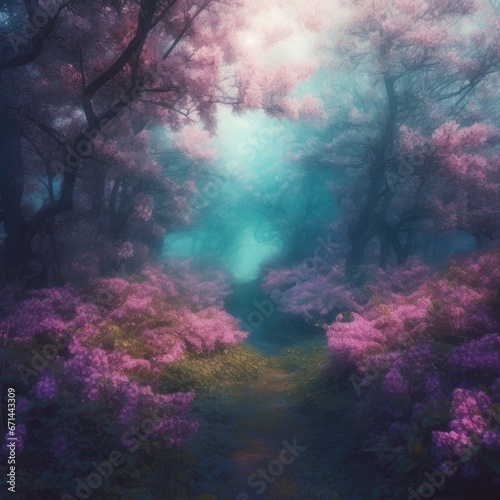 Mysterious foggy forest with pink flowers. Fantasy forest