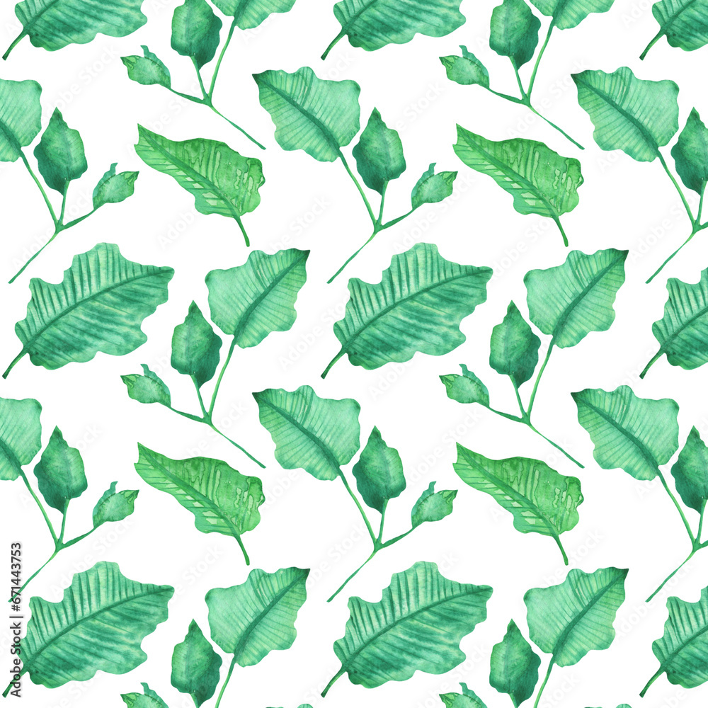 Obraz premium Seamless pattern of elements with spring leaves . Hand drawn watercolor illustration isolated on white background