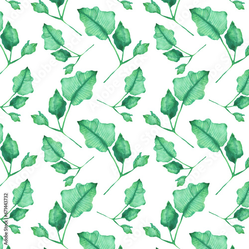 Seamless pattern of elements with spring leaves . Hand drawn watercolor illustration isolated on white background