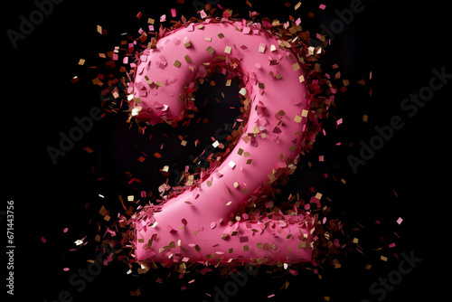 Pink number two with golden confetti. 2 Years Old. Second Birthday Celebration. Girls party. Baby girl celebrates. Special event. Anniversary of the beauty company, women's business. photo