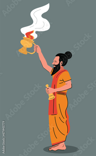 holy man sadhu doing ganga aarti isolated