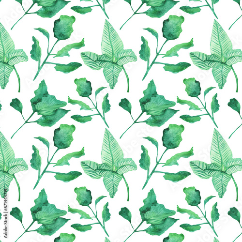 Seamless pattern of elements with spring leaves . Hand drawn watercolor illustration isolated on white background © Makarova Art