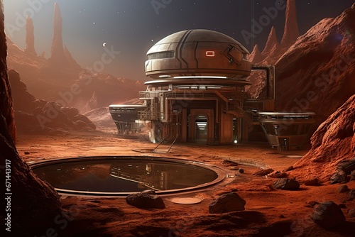Fototapeta Naklejka Na Ścianę i Meble -  Alien space landscape, Alien Planet, 3D Rendered Computer illustration, Martian or extraterrestrial human colony and research habitat, sci-fi based research station