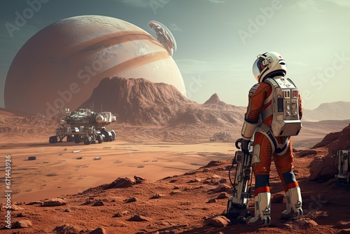Astronaut on an alien planet, 3D rendering, Fantasy planet, science fiction, an astronaut with a weapon on planet surface, Jupiter, Venus, red planet mission, space exploration