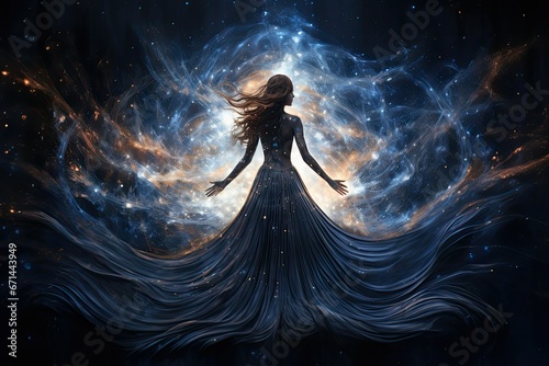 3d illustration of a beautiful woman in a long dress in the space with stars, a soulful concept, fairy tale, fiction, illustration of beautiful woman in fantasy world