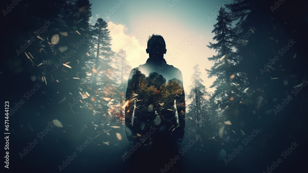 Double exposure silhouette of a man with forest. Ecology, nature, loneliness concept. AI