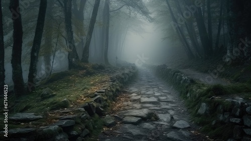 Mysterious path in the foggy forest © Supardi