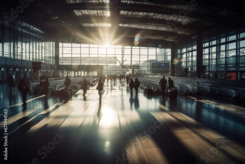 Busy airport or train terminal at dawn, motion blur