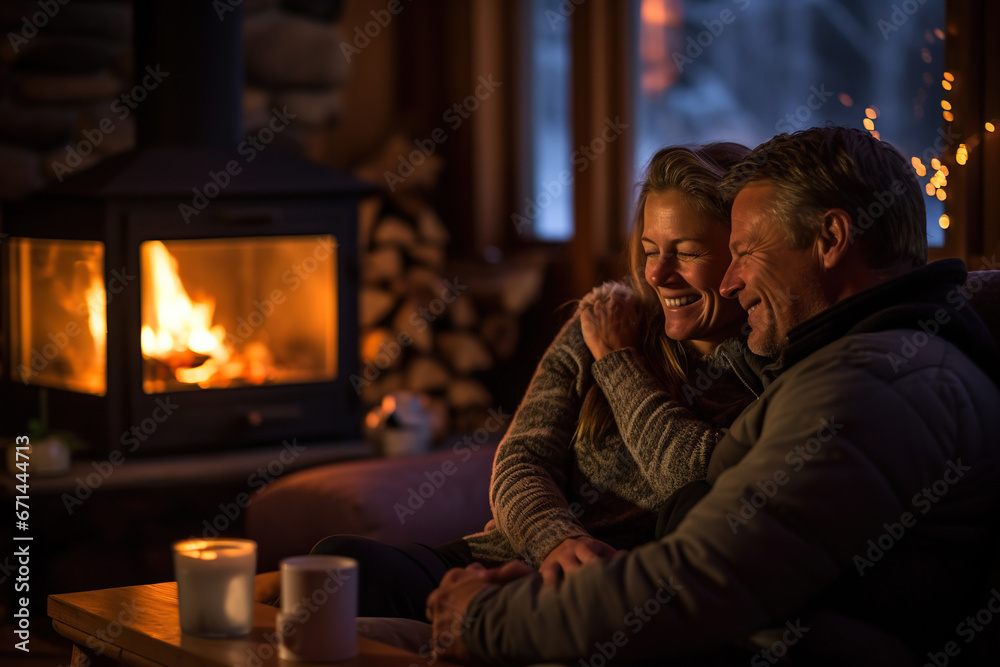 Happy middle age couple hugging near a fireplace indoor cozy forest cabin